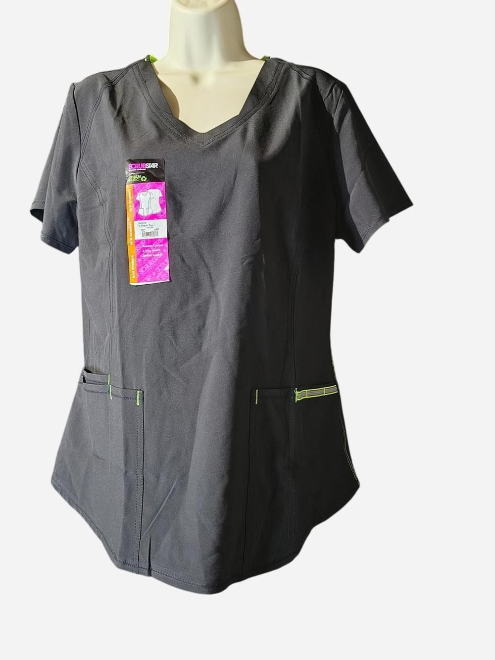 Scrubstar Charcoal V-Neck Scrub Top with Lime Trim